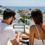 Pareja buscando viviendas en Gran Canaria durante sus vacaciones (imagen generada por IA)