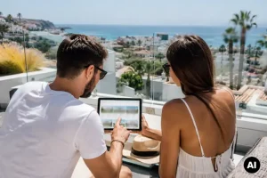 Pareja buscando viviendas en Gran Canaria durante sus vacaciones (imagen generada por IA)