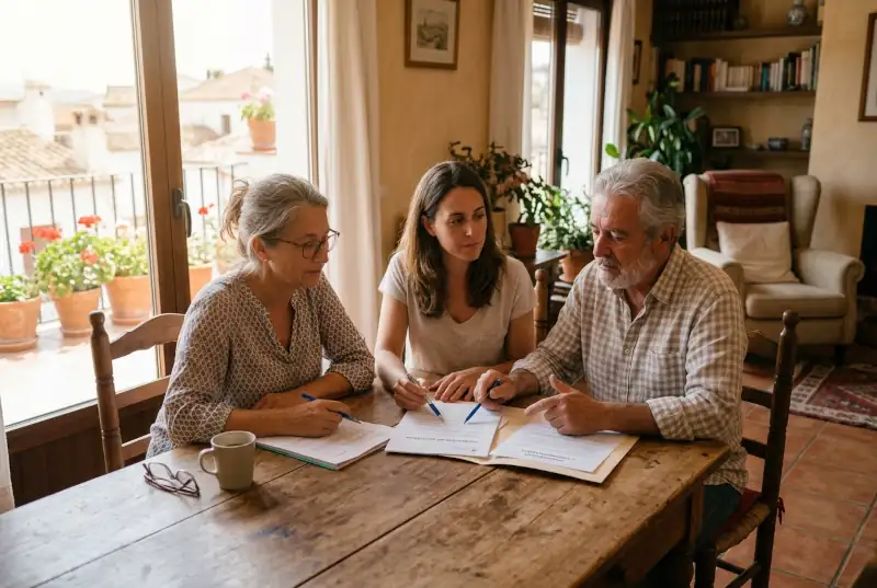 Reunión serena entre herederos analizando la venta de una vivienda en Gran Canaria
