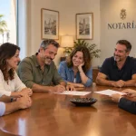 Herederos sonrientes durante la firma de la venta de una vivienda heredada ante notario en Gran Canaria.